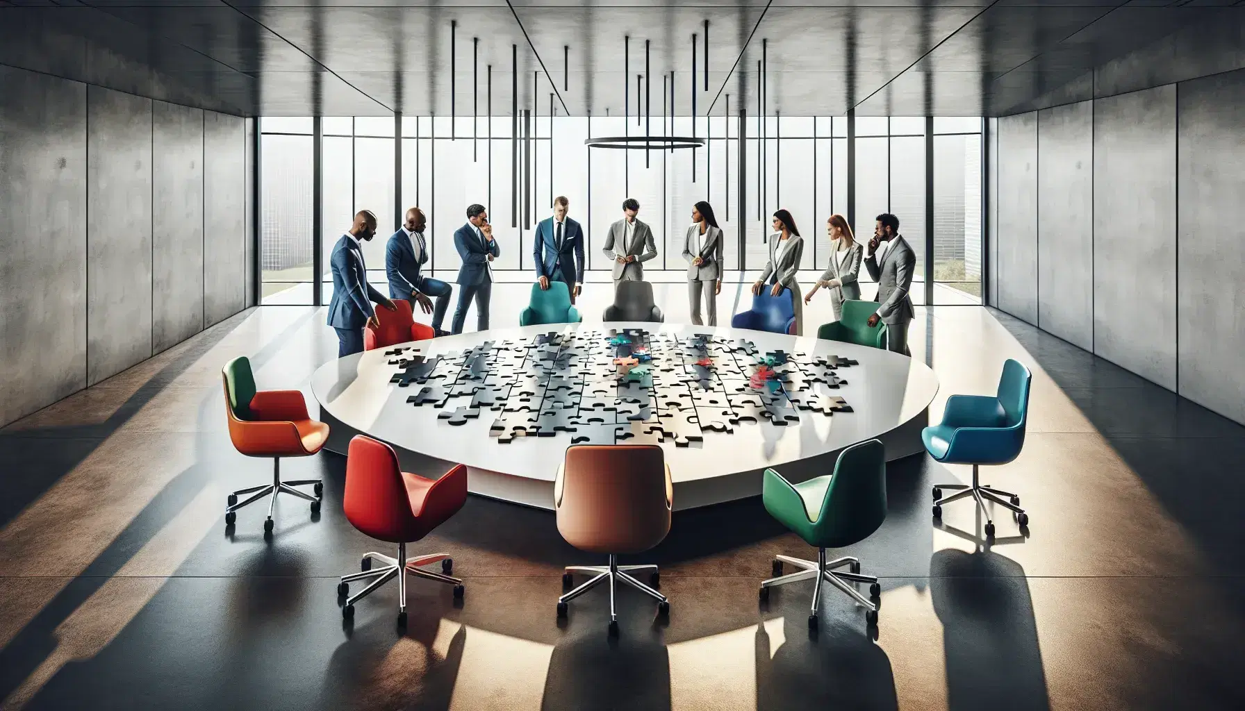 Diverse professionals collaborate around an oval table with colorful chairs, solving a puzzle in a bright, modern office space.