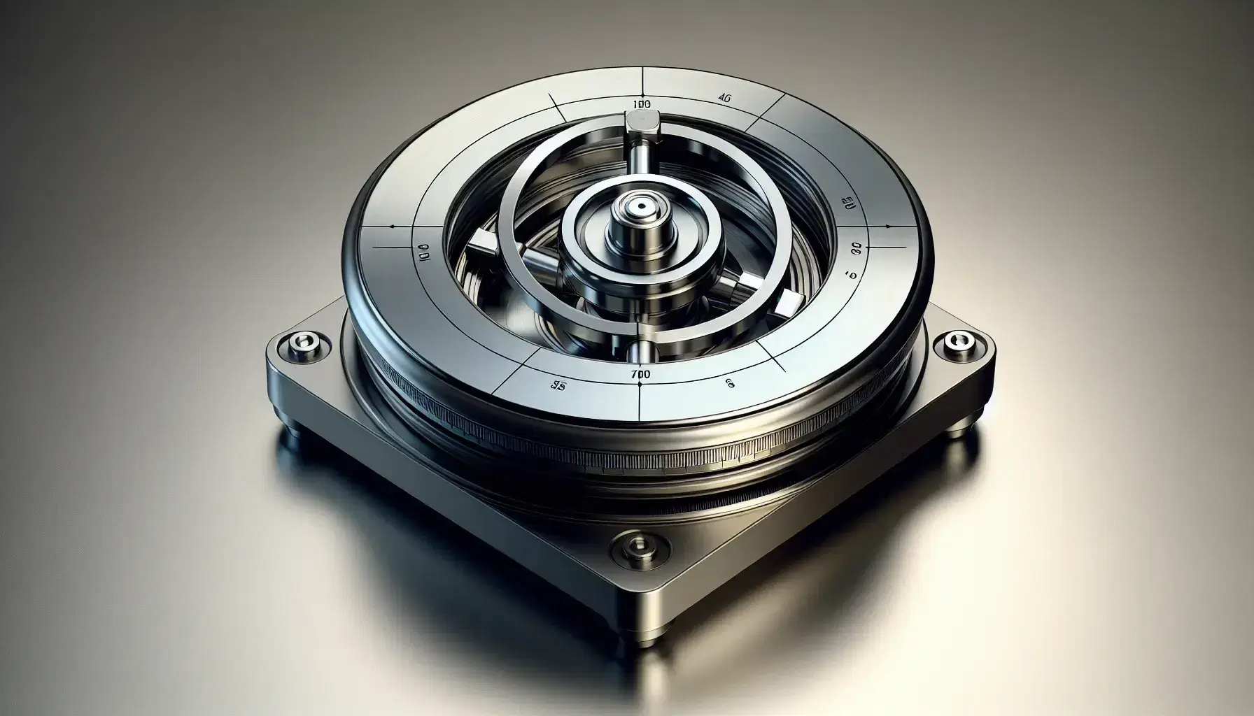Mechanical gyroscope in motion with reflective rotor and concentric gimbals on a matte black base, showcasing angular momentum and precession.