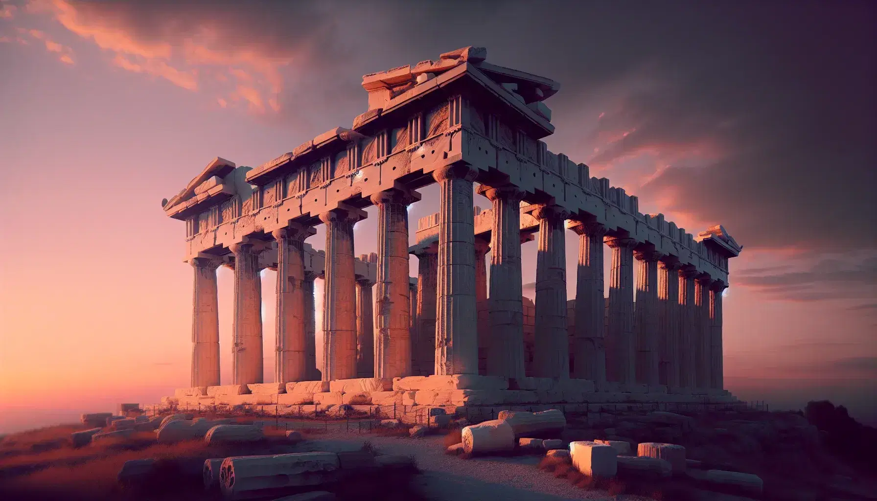 Tempio greco antico con colonne doriche al tramonto, cielo sfumato rosa e arancione, rovine suggestive su collina erbosa.