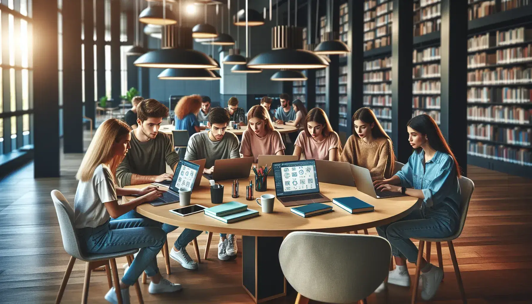 Grupo diverso de estudiantes concentrados con laptops en biblioteca iluminada, rodeados de libros y ventanas con vistas a árboles.