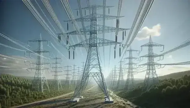 Torres de alta tensión metálicas en paisaje natural con cables extendiéndose en líneas rectas bajo cielo azul con nubes dispersas.