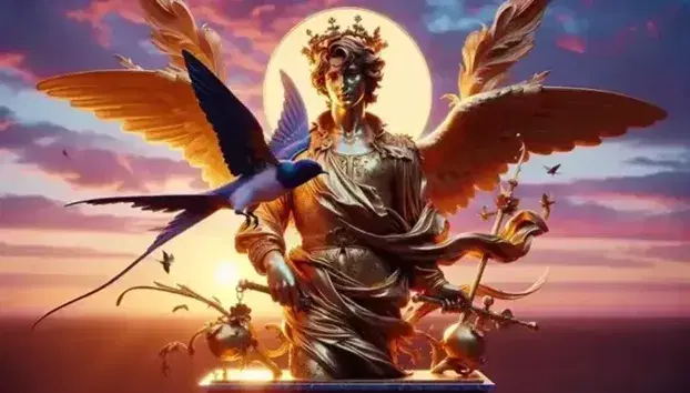 Estatua dorada de príncipe con corona y capa, espada decorativa al costado, junto a golondrina oscura en pedestal de piedra, bajo cielo crepuscular.