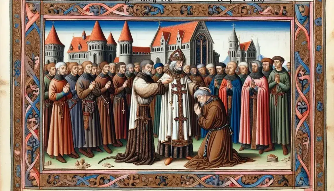 Rappresentazione medievale di conversione al Cristianesimo durante il periodo longobardo con figura centrale di vescovo e assistenti in abiti d'epoca.