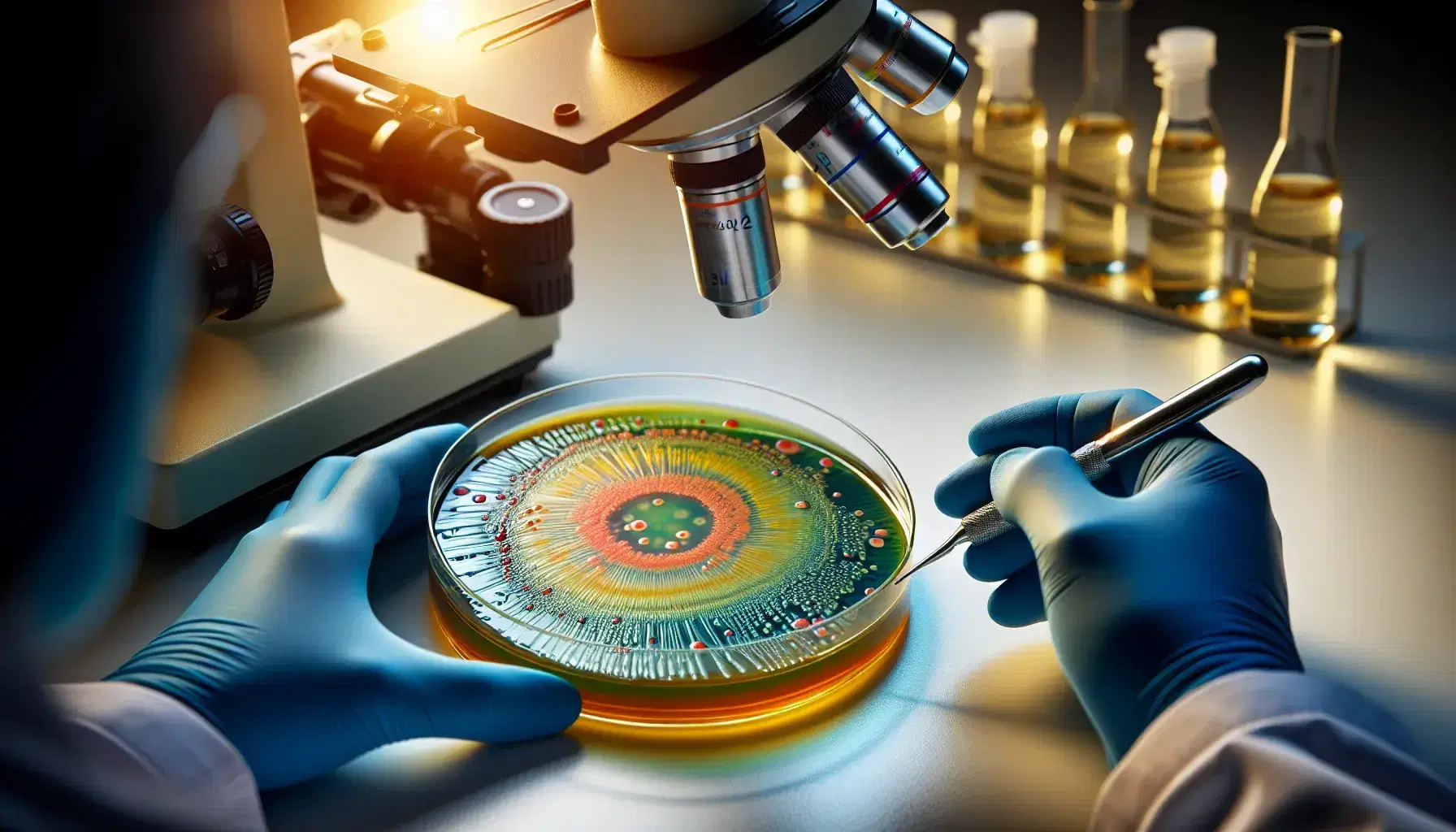 Multicolored bacterial colony in a Petri dish with scientist in blue gloves using an inoculation loop in the laboratory.