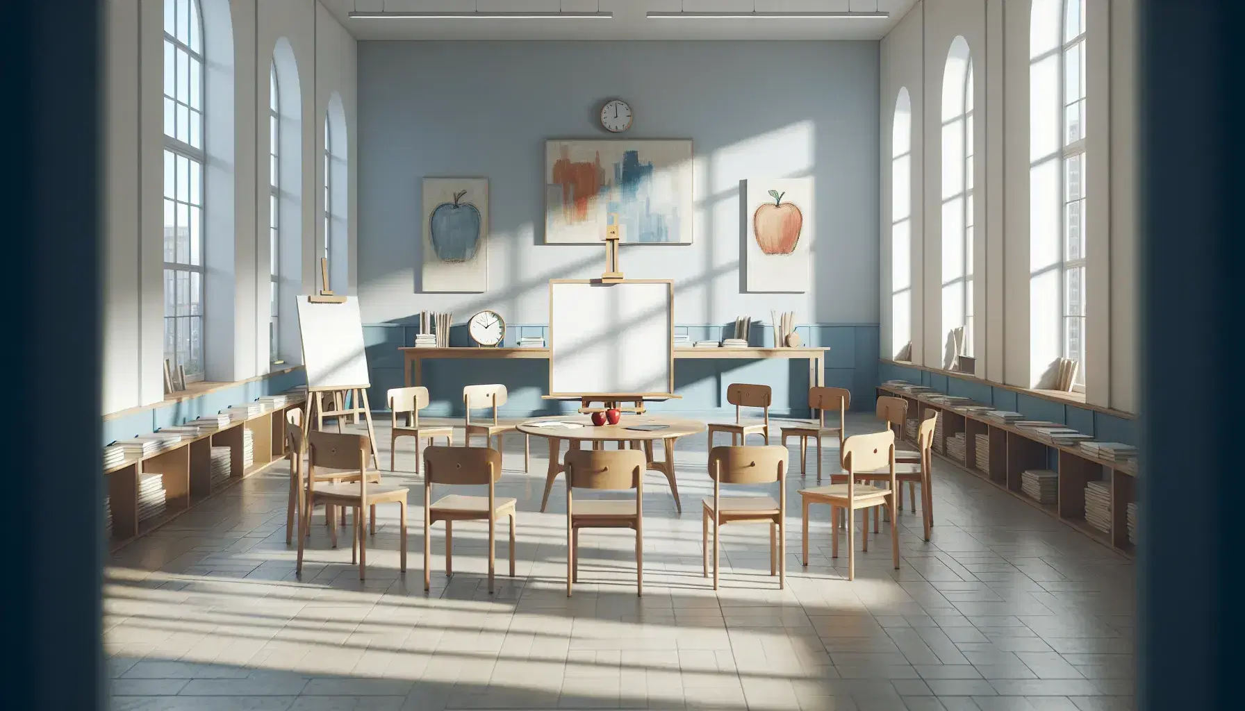 Aula luminosa con sedie in cerchio, lavagna bianca, tavolo con mela e globo, opere d'arte astratte sulle pareti e libreria con piante.