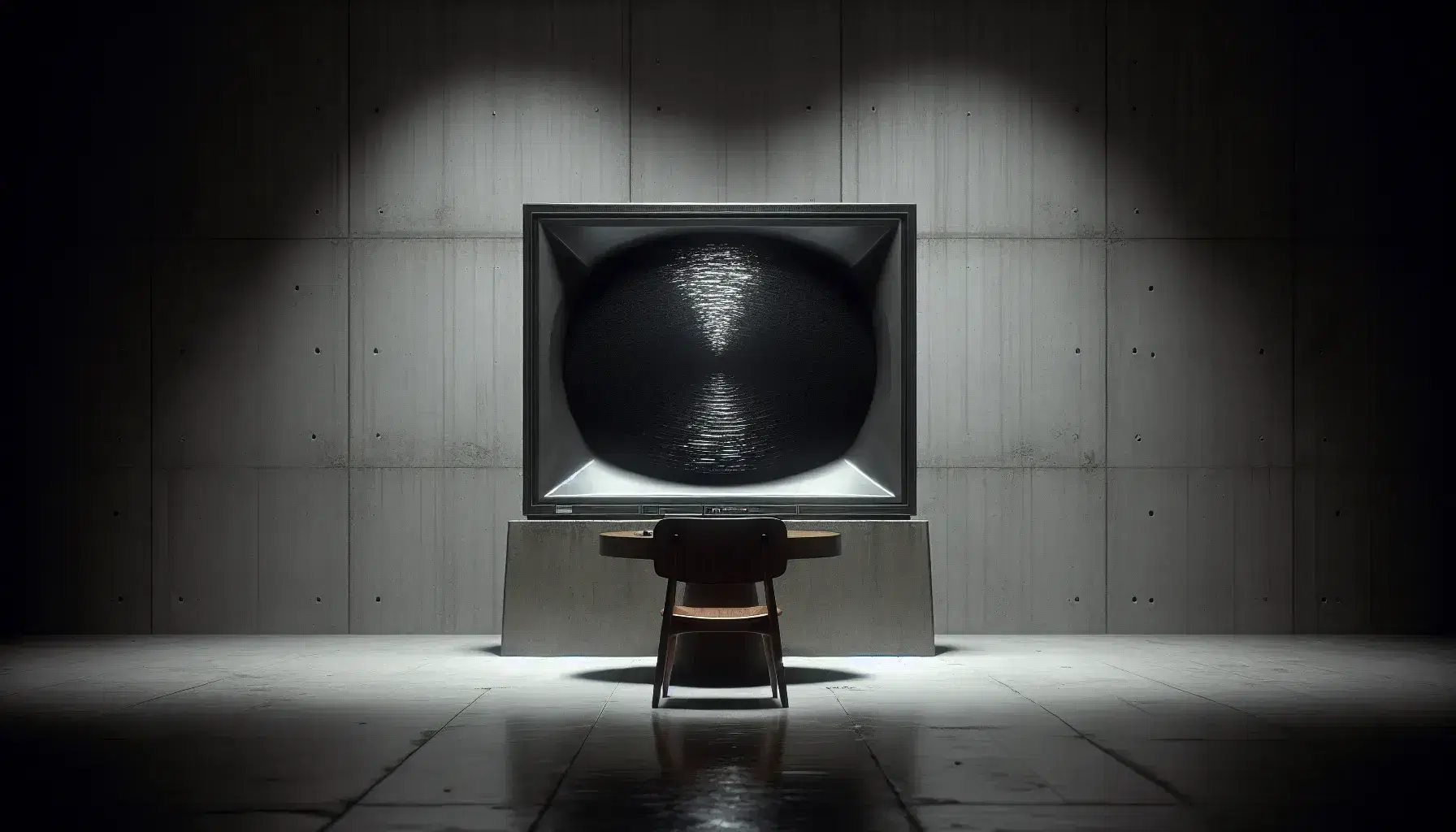 Dimly lit room with concrete walls, a large metallic telescreen mounted on the wall, a simple wooden chair facing it, and a glass paperweight on a small table.
