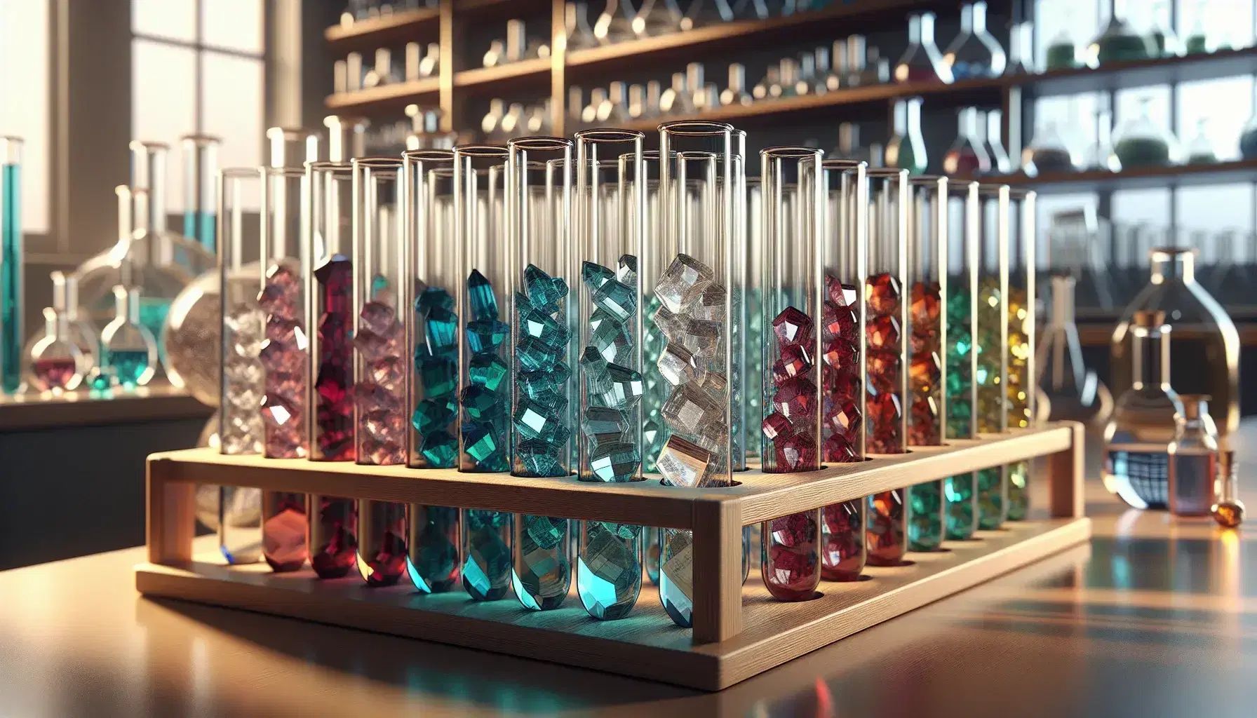 Provette in vetro con cristalli colorati su scaffale in legno in laboratorio, riflessi di luce evidenziano le tonalità blu, verde, rosso e giallo.