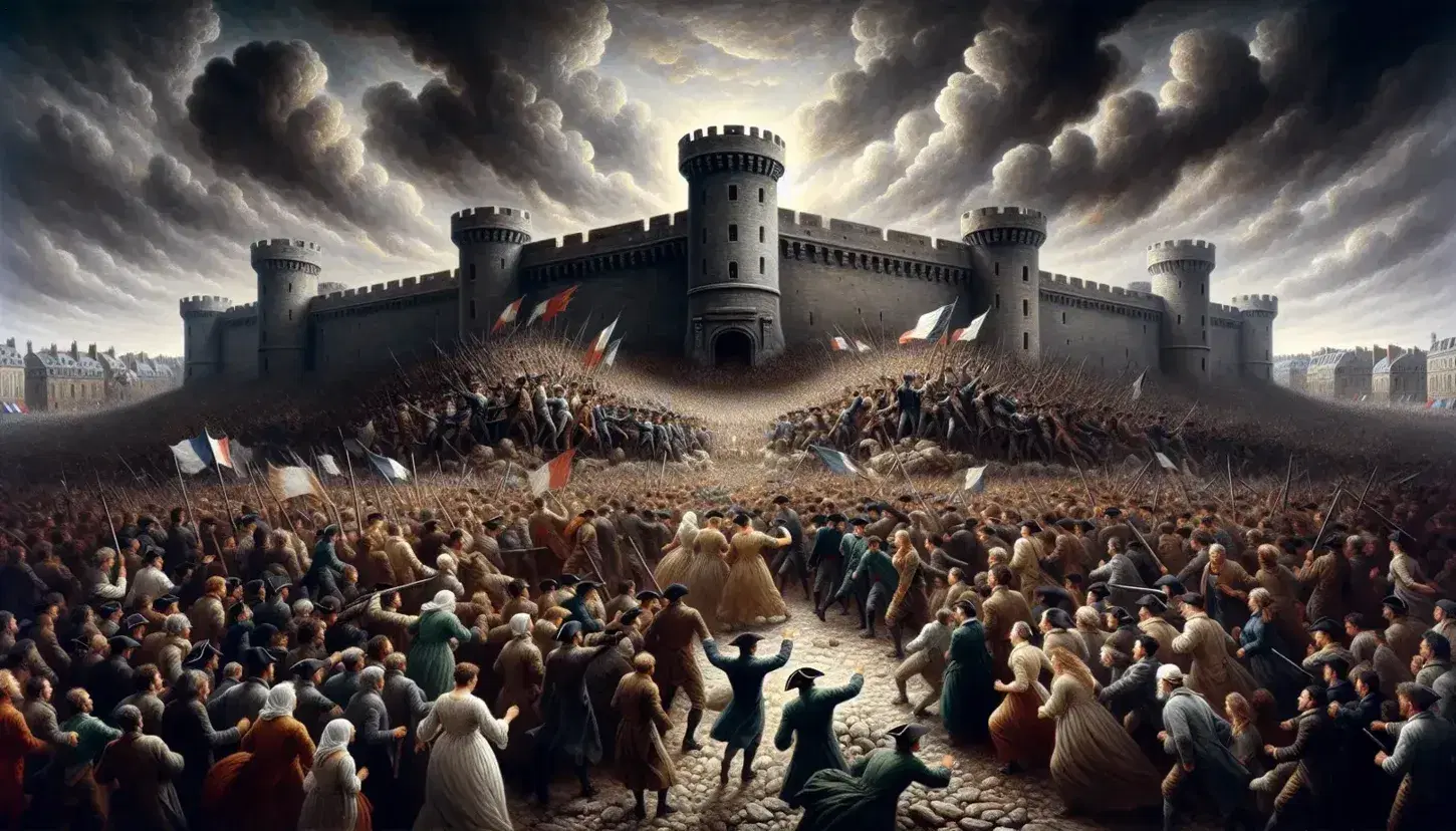 Rappresentazione artistica dell'assalto alla Bastiglia con folla determinata in movimento verso la fortezza grigia sotto un cielo tempestoso.