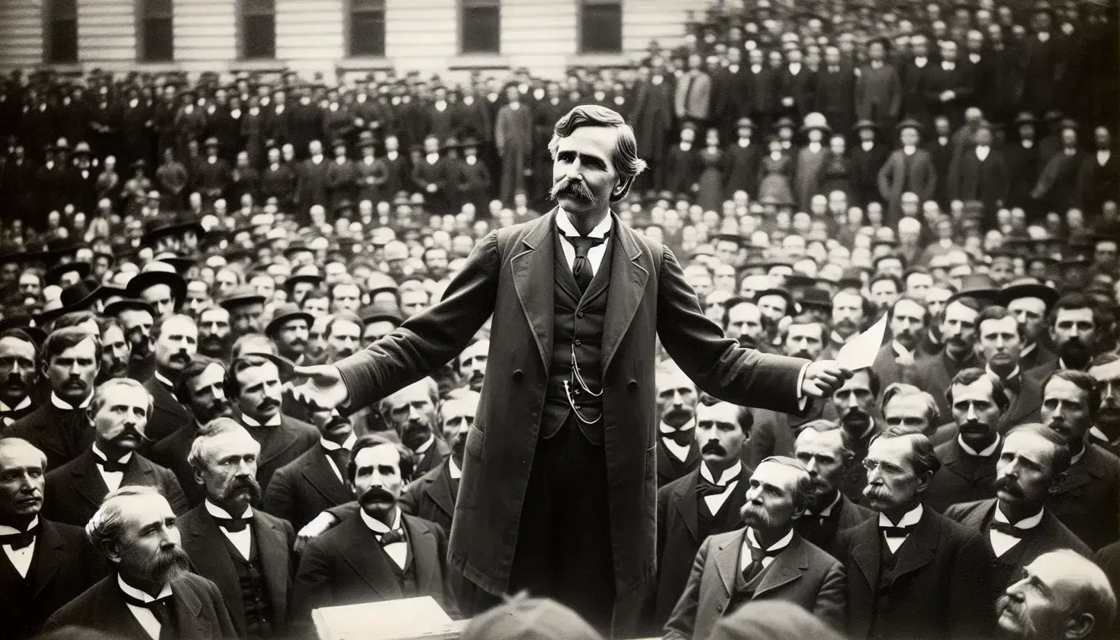 Early 20th-century black and white photo of a man in a suit addressing a large, attentive crowd with a stone building in the background.