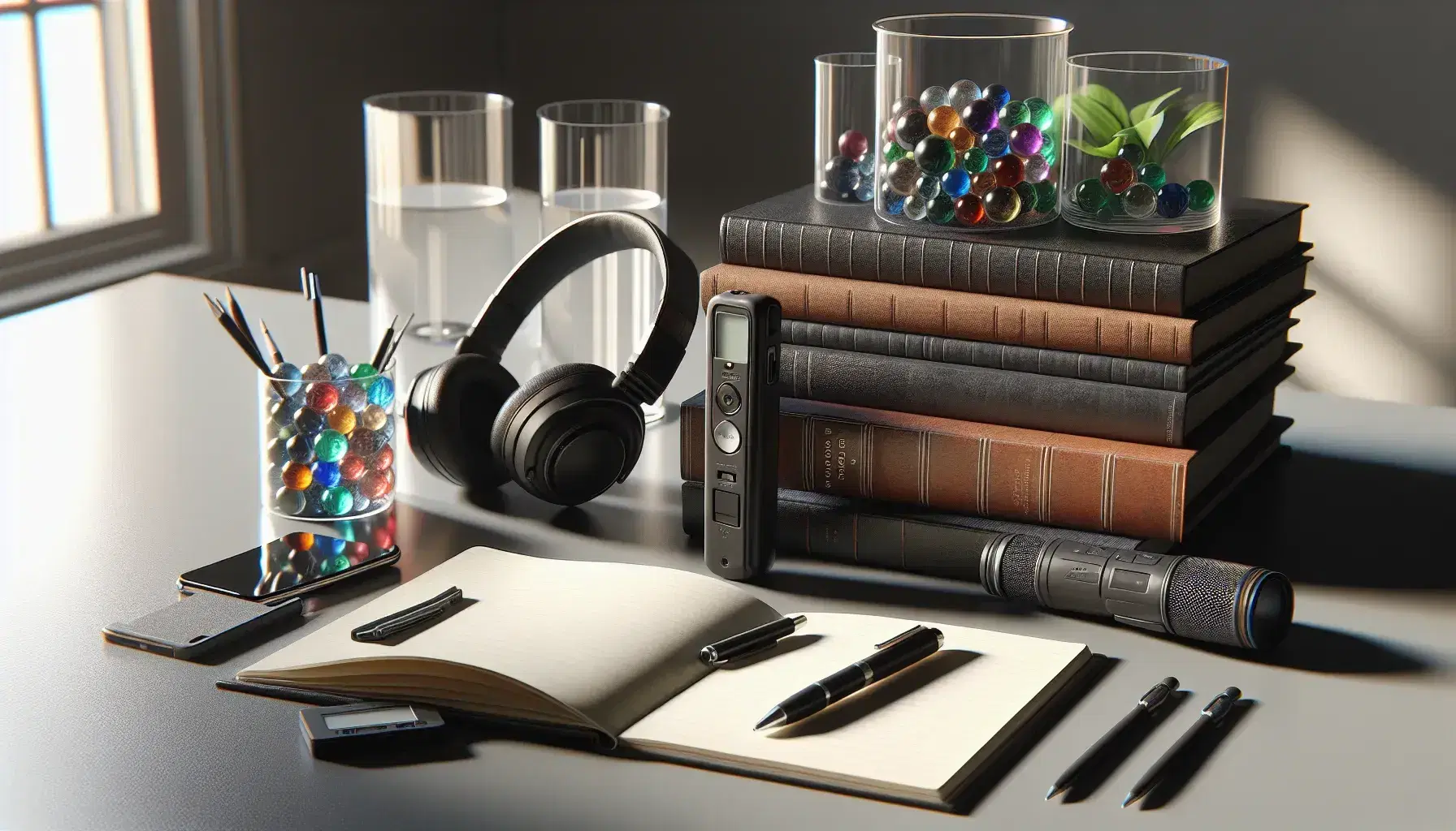 Organized desk with open notebook, digital voice recorder, headphones, stacks of bound magazines, beaker with colored marbles and green plant.