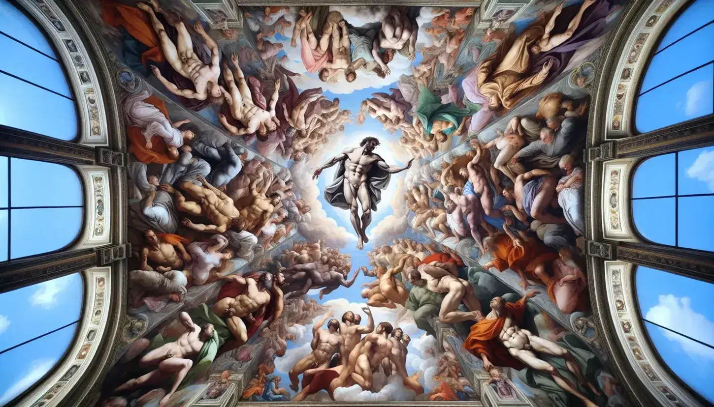Affresco di giudizio universale con figura centrale imponente, angeli e santi, colori vivaci e dettagli anatomici realistici su sfondo celeste.