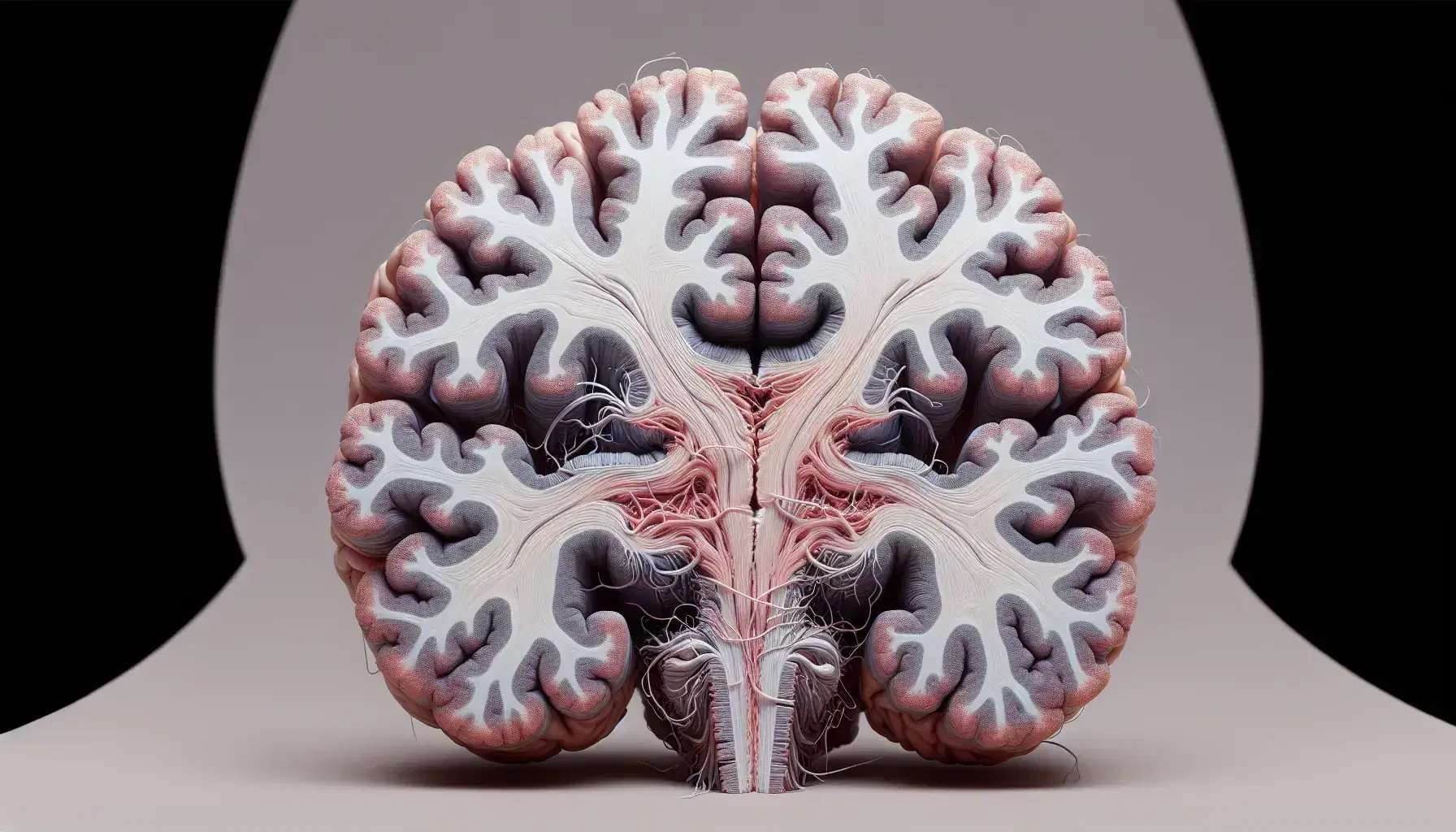 Sezione trasversale dettagliata del cervello umano che mostra materia grigia, materia bianca, emisferi cerebrali e tronco encefalico.