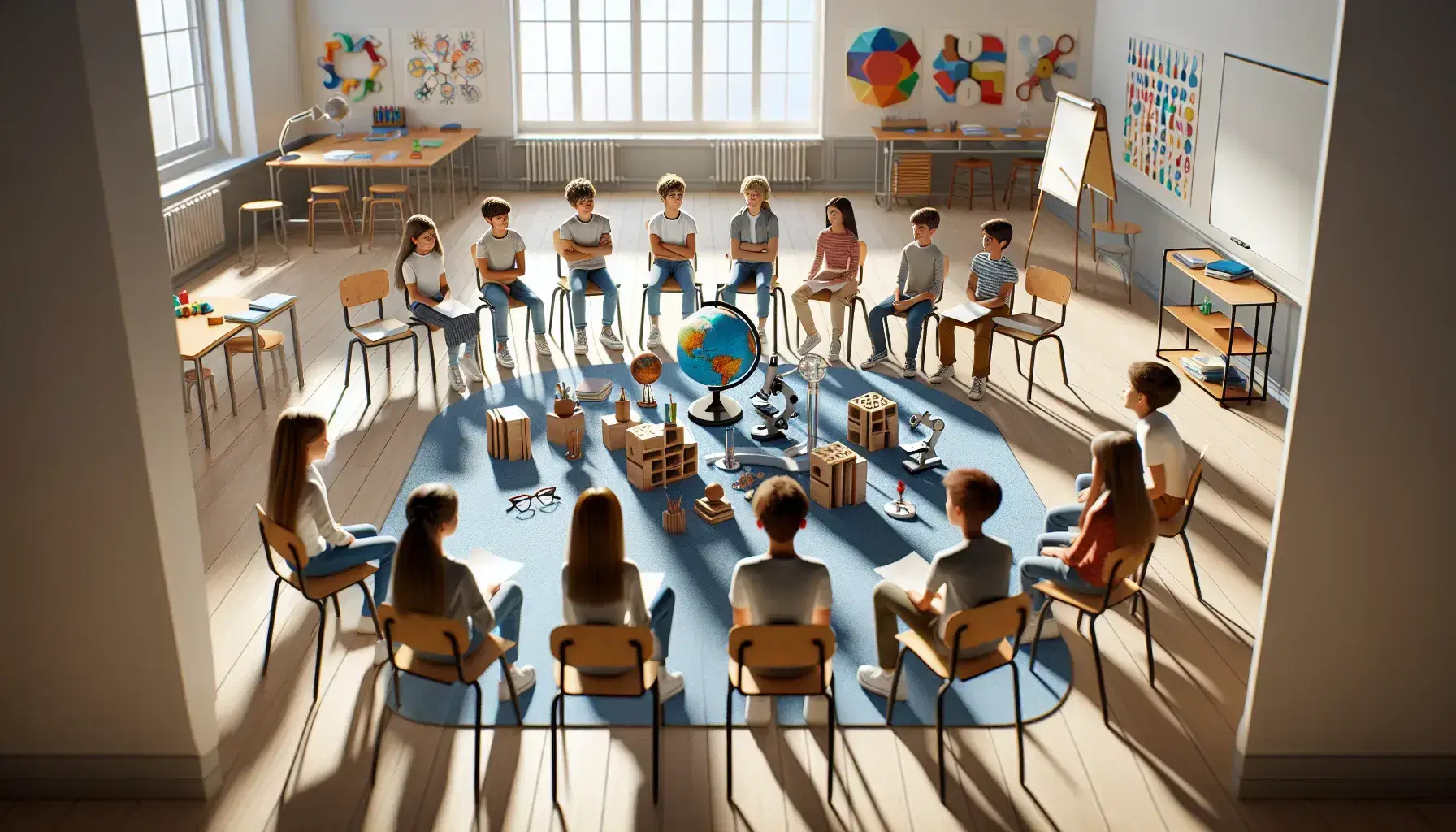 Studenti dai 12 ai 15 anni impegnati in attività didattica circolare con globo, blocchi colorati, microscopio e occhiali in aula luminosa.