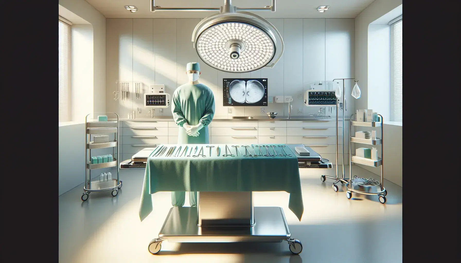 Sala operatoria moderna con tavolo chirurgico, strumenti medici su telo blu e figura in camice verde pronta per intervento.