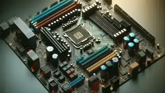 Scheda madre computer orizzontale con slot RAM neri, socket processore centrale, connettori periferici colorati e tracce dorate su superficie verde.