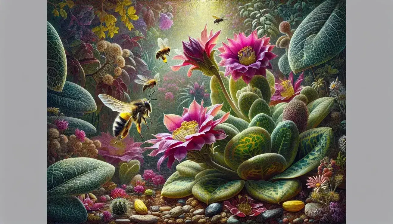 Jardín botánico con flores rosadas y moradas y follaje verde oscuro, abeja en vuelo acercándose a polinizar, juego de luz y sombra en el suelo natural.