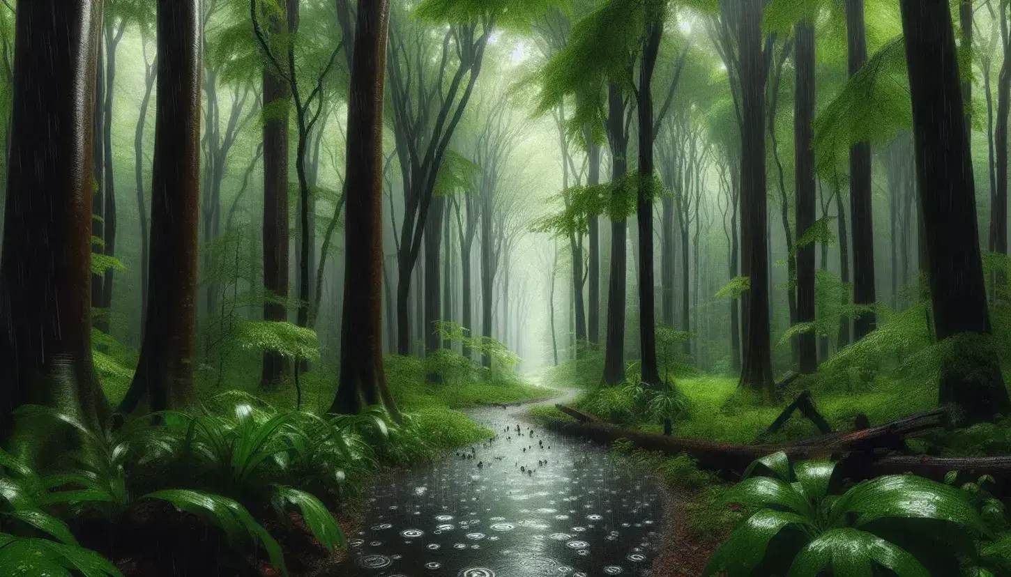 Sentiero naturale serpeggiante in una foresta rigogliosa sotto una pioggia leggera, con alberi alti e foglie verdi che riflettono la luce diffusa.