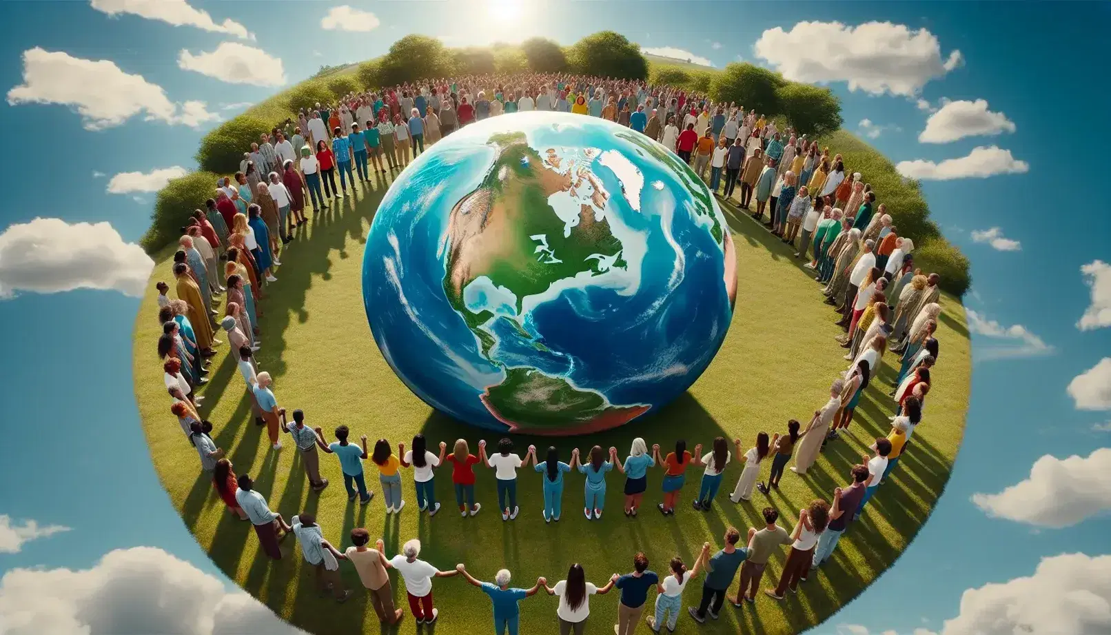 Grupo diverso de personas unidas de la mano alrededor de un globo terráqueo en un campo verde bajo cielo azul, simbolizando solidaridad global.