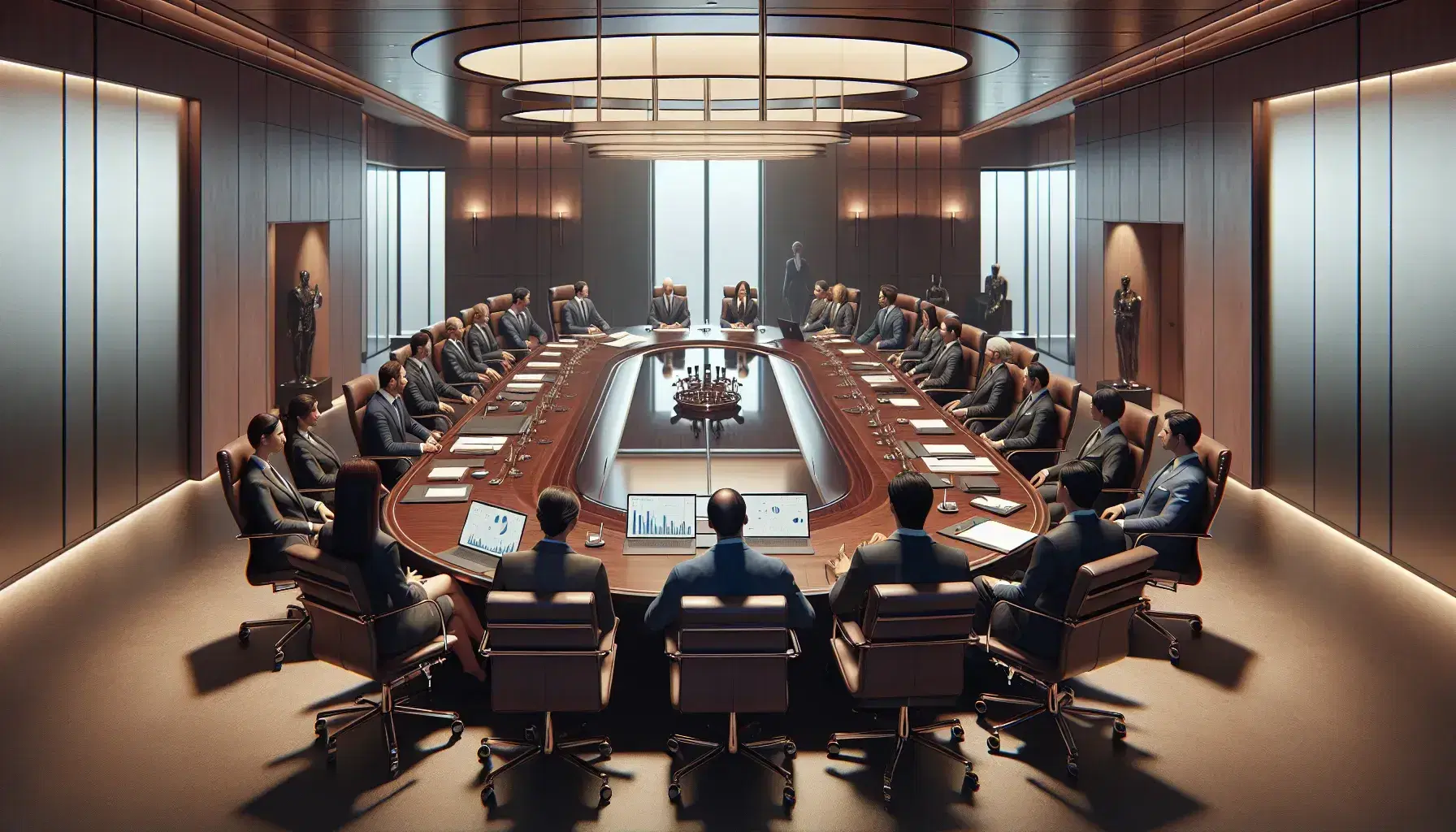 Diverse corporate boardroom meeting with professionals at a large wooden table, laptops displaying graphs, and a cityscape visible through large windows.