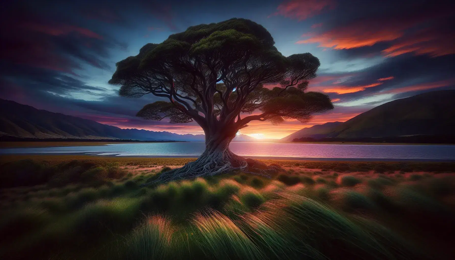Paisaje natural al atardecer con un árbol solitario en un campo de hierba verde, reflejo del cielo en un lago y montañas al fondo.