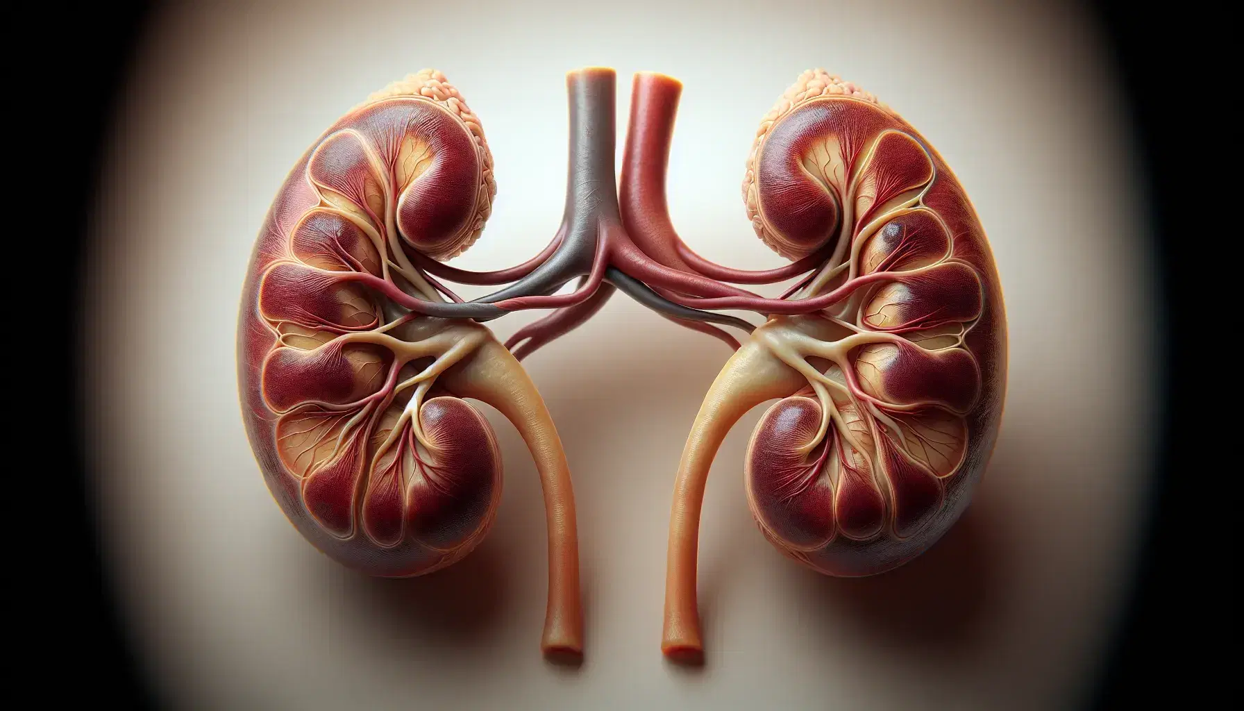 Riñones humanos detallados en color rojo oscuro a marrón, con ureteres visibles y áreas de conexión vascular en un fondo neutro.