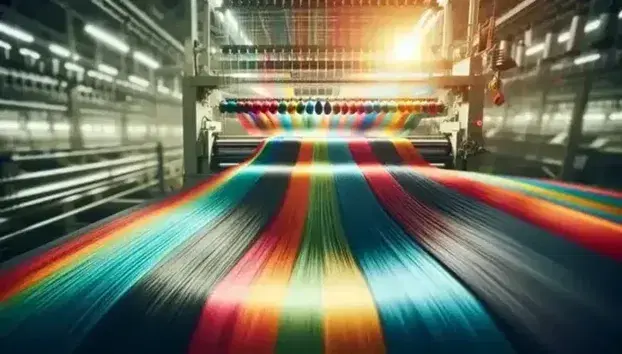 Fibre sintetiche colorate brillano in primo piano con sfondo sfocato di macchinario tessile industriale in funzione.