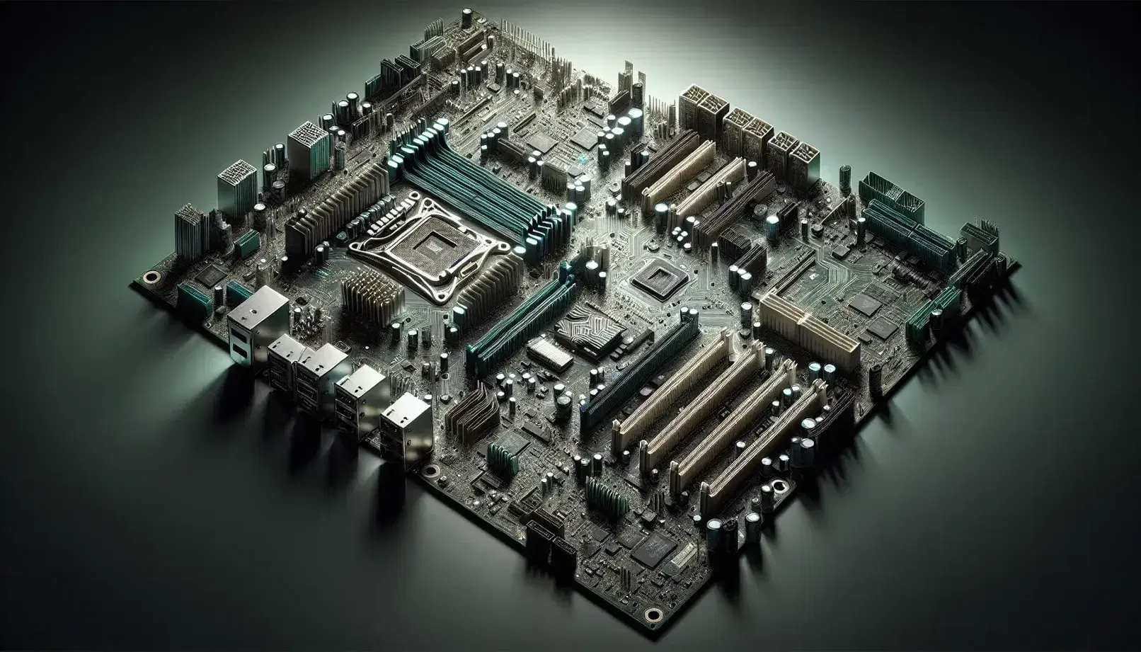 Scheda madre computer verde con slot RAM vuoti, socket processore, connettori PCI Express e componenti elettronici metallici.