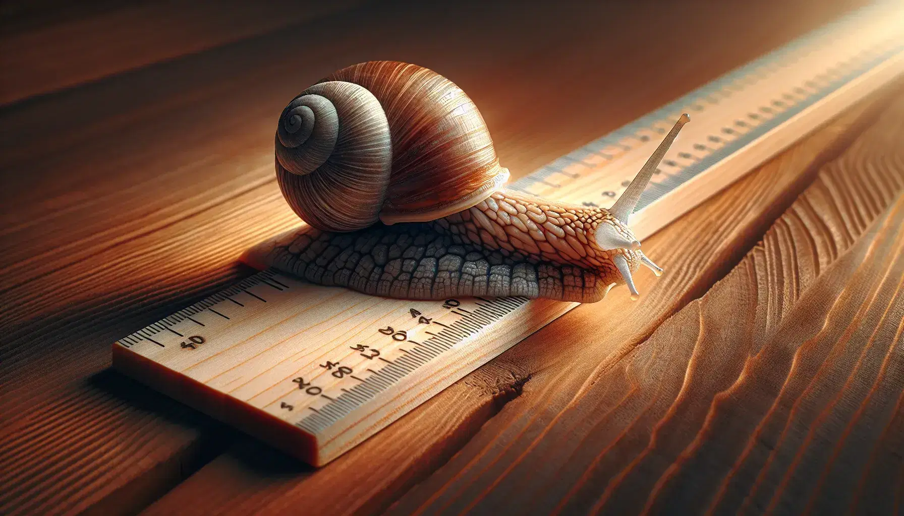 Close-up of a brown and tan spiral-shelled snail crawling on a wooden ruler's edge, with a blurred natural grain wood background.