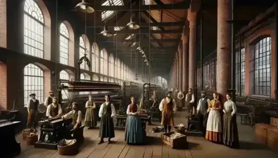 19th century industrial factory scene with multi-ethnic workers in period clothing among mechanical looms, arched windows and wooden floor.