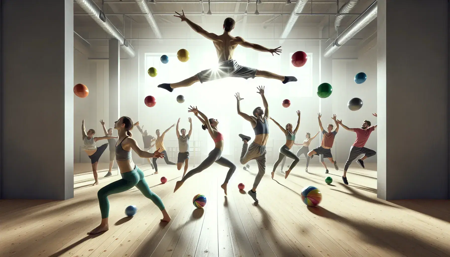 Grupo diverso realizando actividades físicas en estudio iluminado, con acrobacias aéreas, malabares y danza.