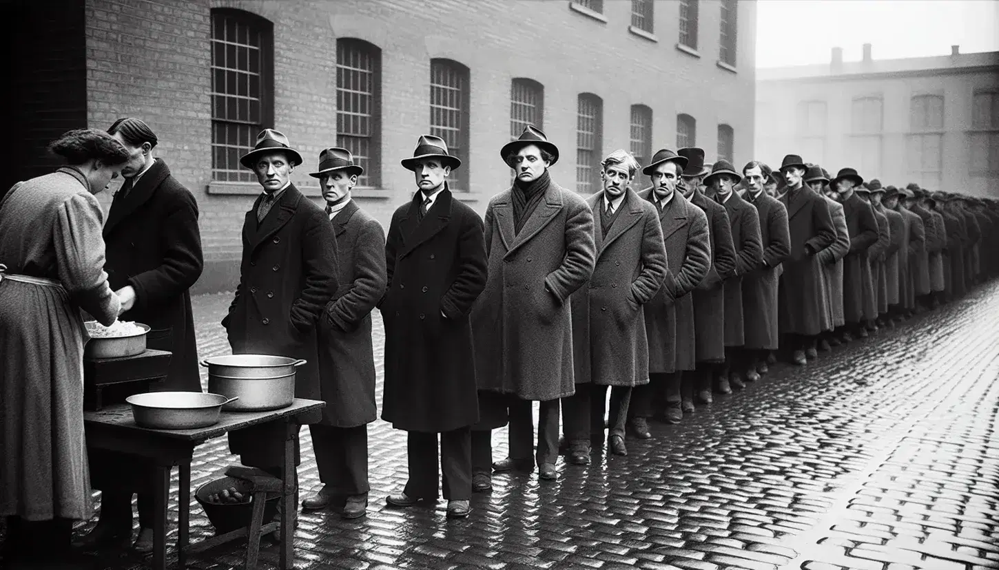 Uomini in fila per una mensa popolare sulla strada acciottolata durante la Grande Depressione in Germania, con abiti semplici e espressioni serie.