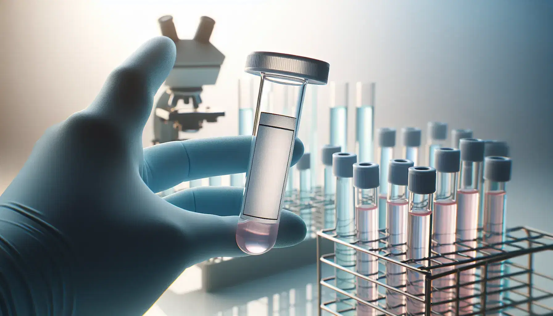 Manos con guantes de látex azules sostienen un tubo de ensayo con líquido rosa y etiqueta blanca, con microscopio y tubos de colores en fondo desenfocado.