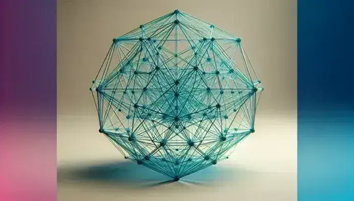 Three-dimensional wireframe model of a dodecahedron in electric blue, with prominent vertices and a depth-inducing perspective on a neutral background.