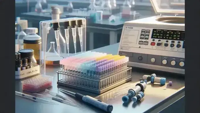 Close-up of a laboratory workstation with rack of colored microcentrifuge tubes, pipettor with tip and open thermal cycler in the background.