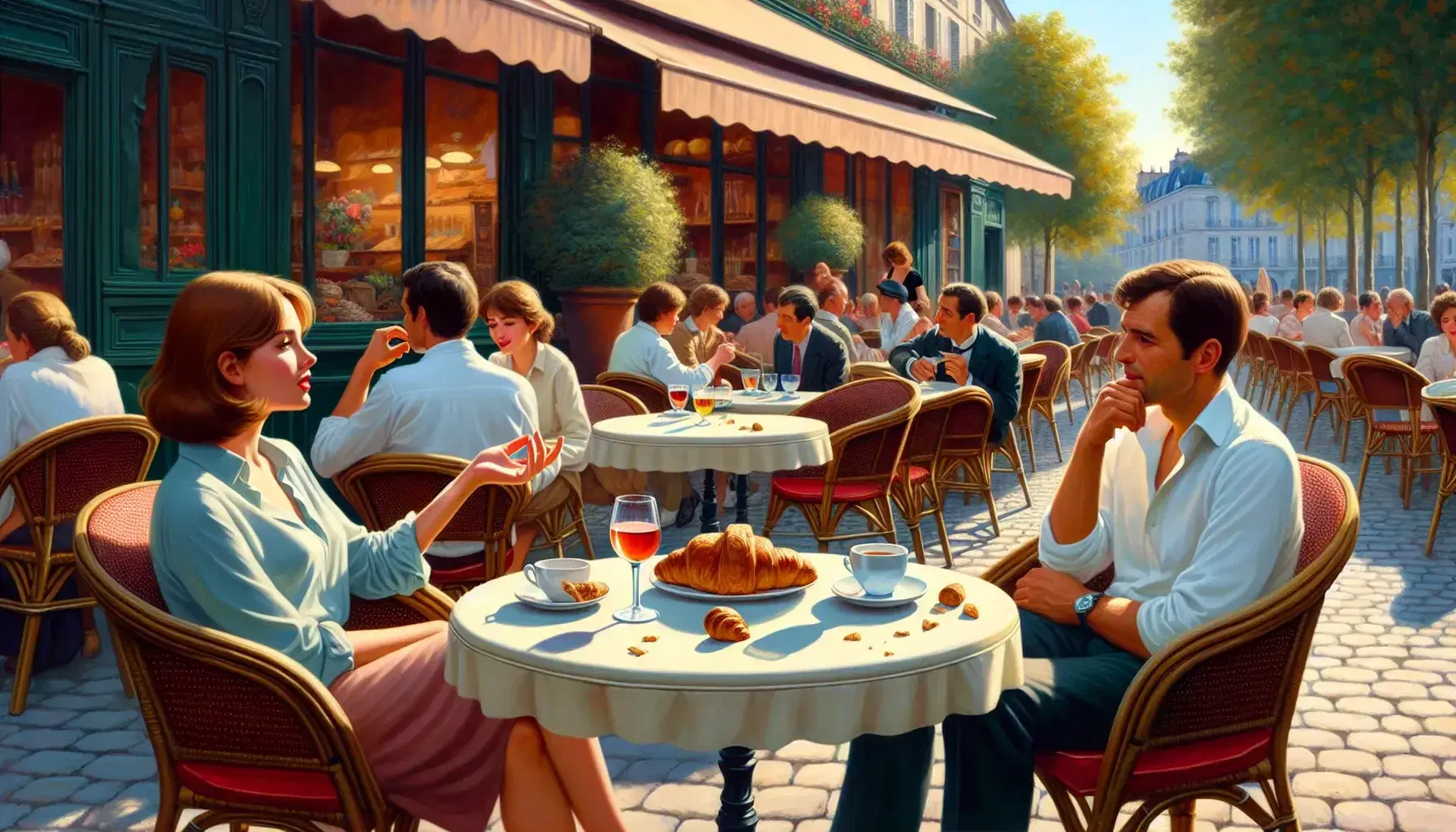 Lively French café scene with patrons chatting, a table with empty glasses and a half-eaten croissant, surrounded by greenery on a sunny day.