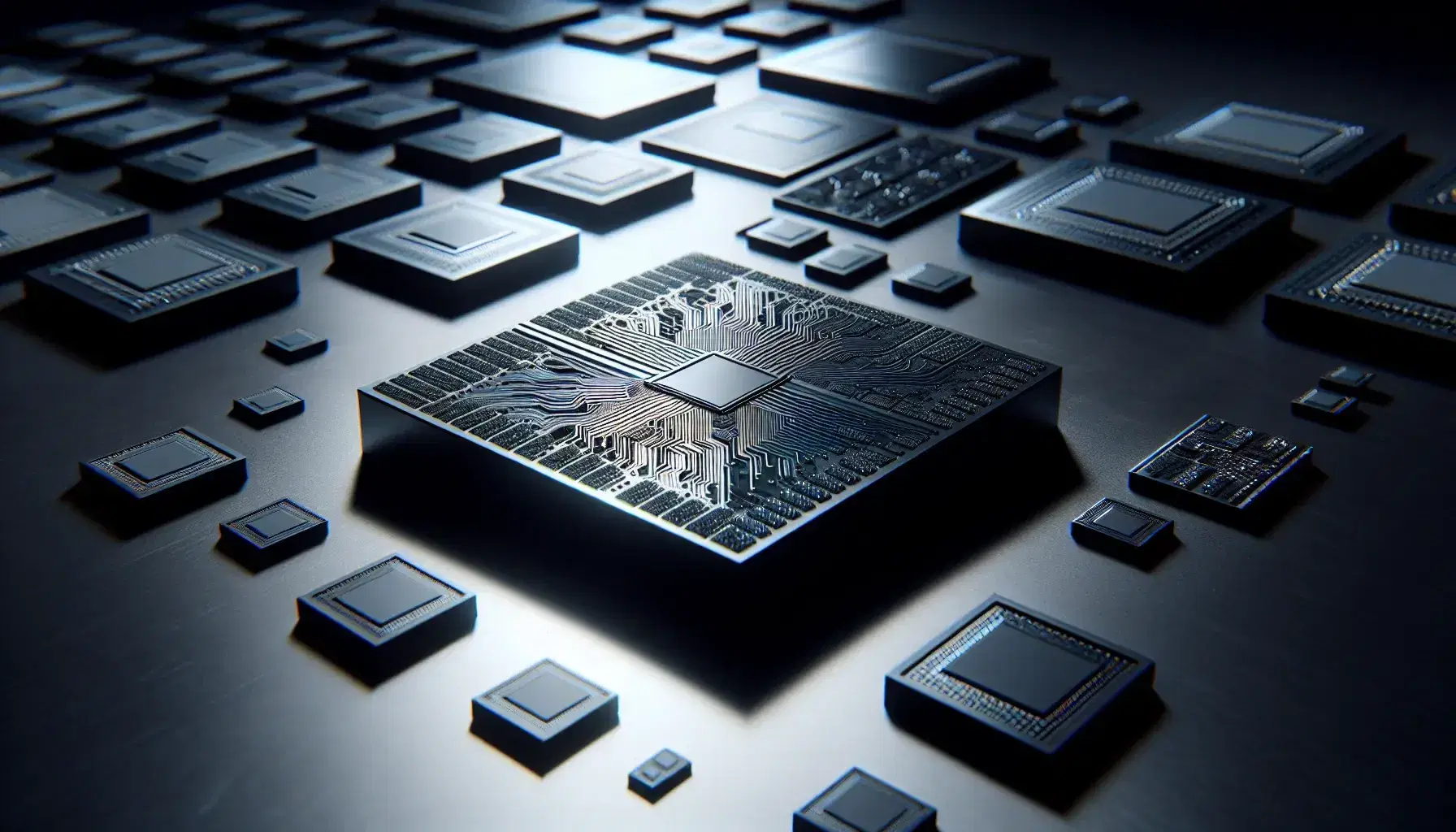 Chip di silicio di varie dimensioni con percorsi incisi su tavolo scuro, riflessi luminosi evidenziano dettagli tecnologici.