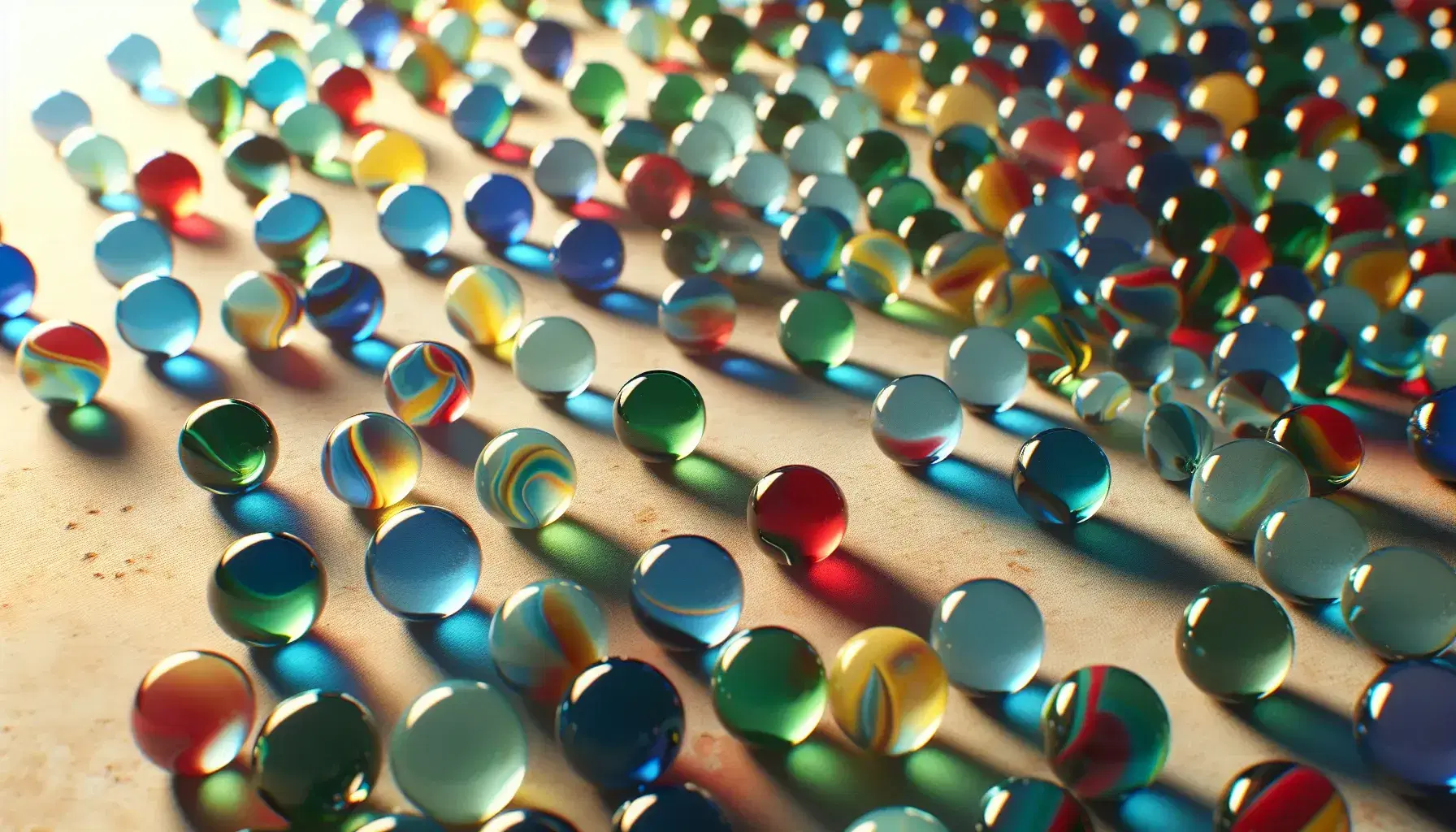 Colección de canicas de vidrio multicolores dispersas sobre superficie clara, reflejando luz y proyectando sombras suaves, vista desde arriba.