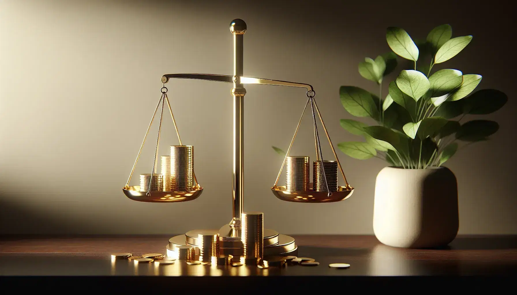 Balanza dorada equilibrada sobre escritorio de madera oscura con platos vacíos, junto a monedas de oro apiladas y planta verde en maceta blanca.