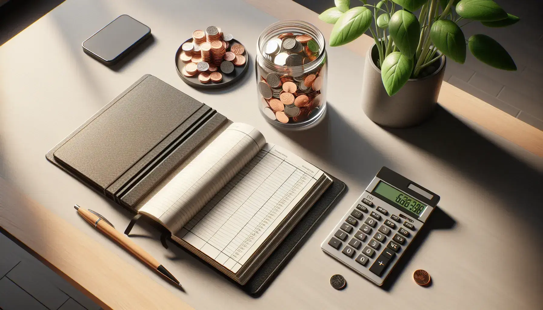 Top-down view of an organized office desk with an open blank ledger, modern calculator, glass jar of mixed coins, and a green potted plant on a wooden surface.