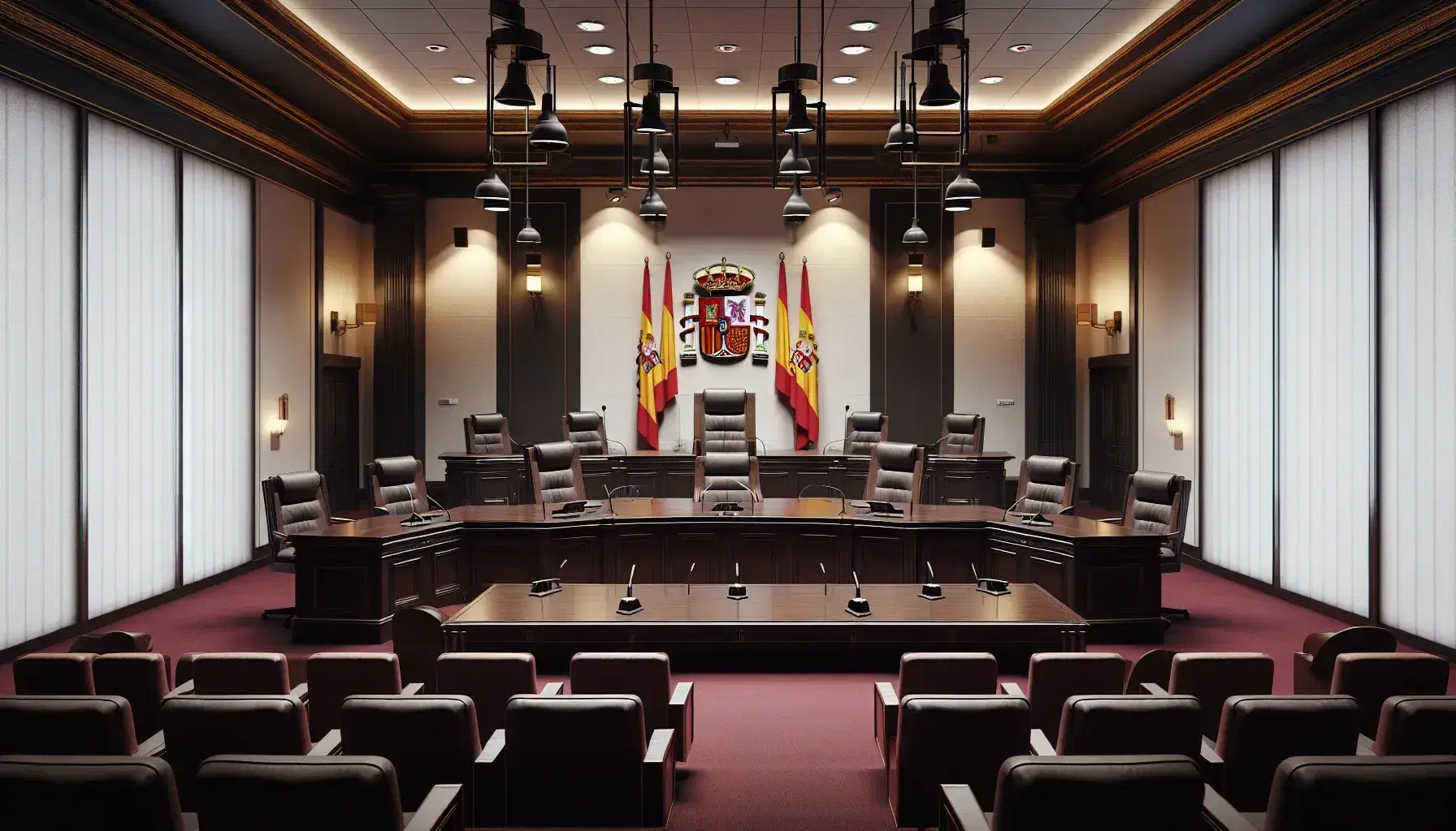 Sala de tribunal vacía con mesa de madera oscura, micrófonos, sillas tapizadas en rojo, banderas de España y reloj dorado.