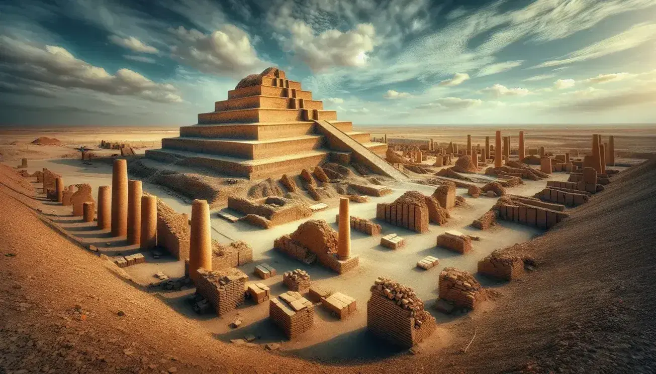 Ruinas antiguas con ziggurat escalonado bajo cielo azul, restos de columnas y paisaje árido con montañas al fondo.