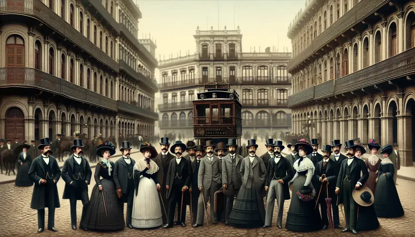 Escena urbana del Porfiriato en México con personas vestidas de época, tranvía tirado por caballos y edificios coloniales bajo un cielo azul despejado.