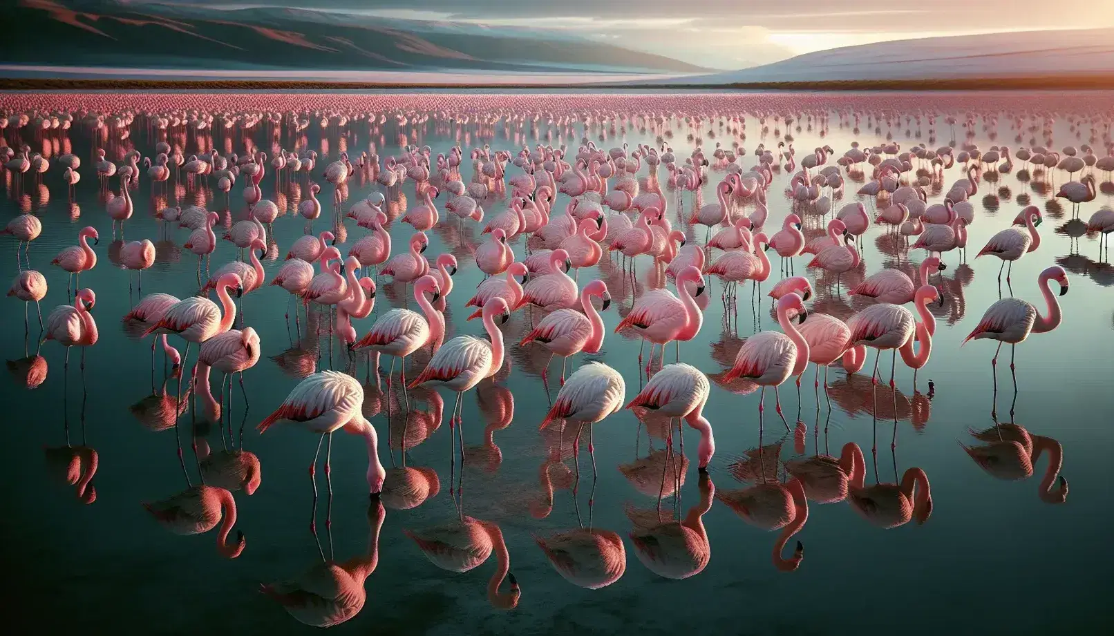 Flamencos rosados en una laguna poco profunda con reflejos en el agua al amanecer, rodeados de vegetación baja y un cielo despejado.