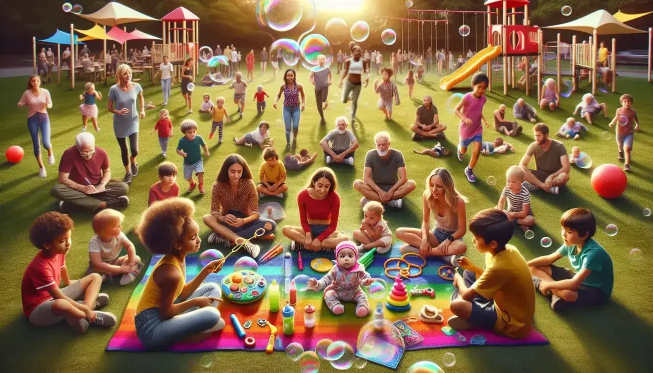 Grupo diverso disfrutando de un día soleado en el parque, con bebé entre juguetes, niña haciendo burbujas, chico en juegos, adolescentes leyendo y adultos ejercitándose.