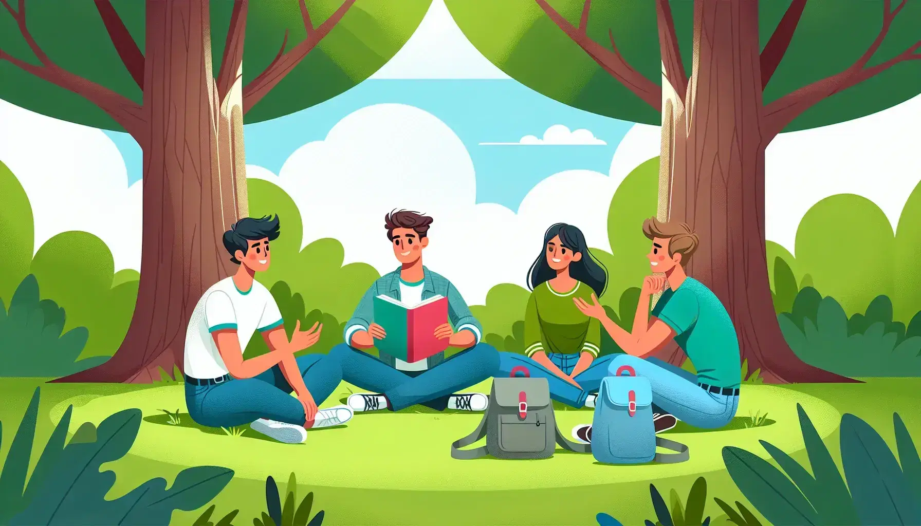 Grupo de tres personas sentadas en círculo sobre césped en un parque, conversando animadamente y gesticulando, con árboles y cielo despejado de fondo.