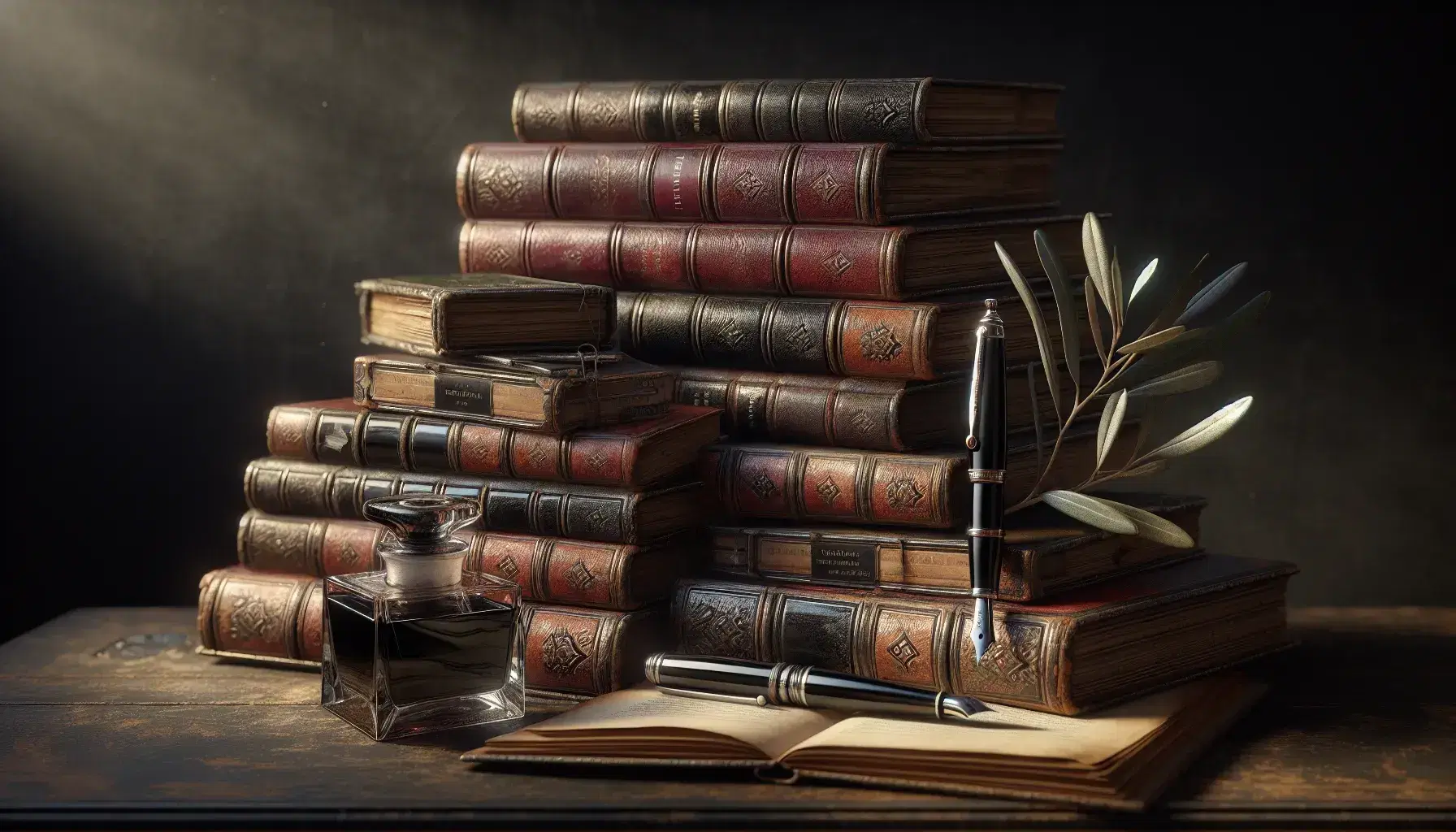 Pila di libri antichi in pelle con pagine ingiallite su tavolo scuro, penna stilografica nera e calamaio trasparente con inchiostro.