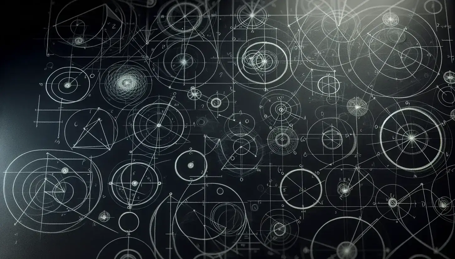 Close-up view of a blackboard with intricate white chalk drawings of overlapping circles, ellipses, and parabolas connected by a network of lines.