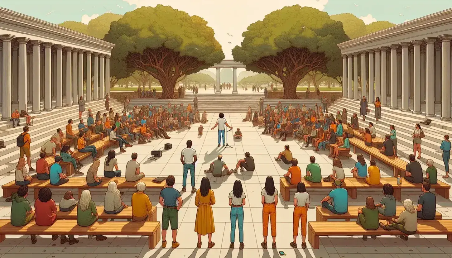 Grupo diverso de personas reunidas en un parque urbano escuchando a un orador, rodeados de árboles y un edificio con columnas en un día soleado.