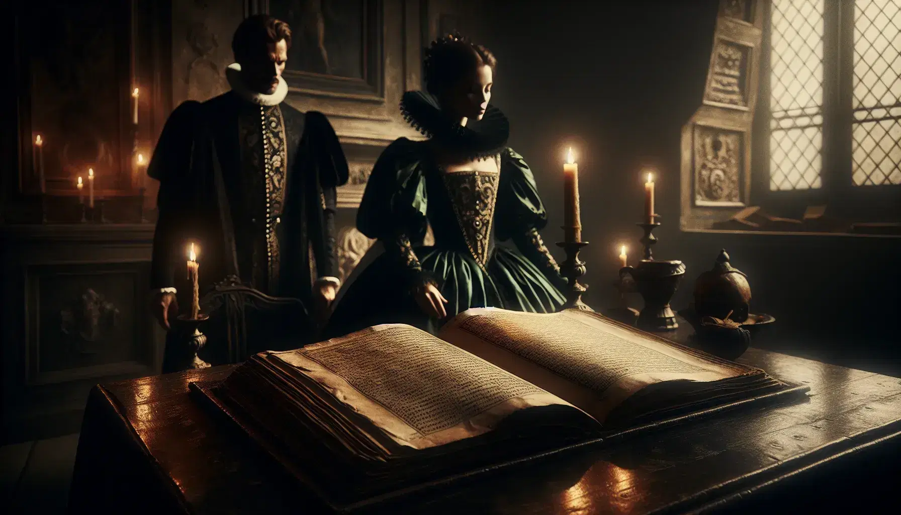 Dimly lit Venetian room with a man in a black doublet and a woman in a green dress by a table with an open book, under soft candlelight.