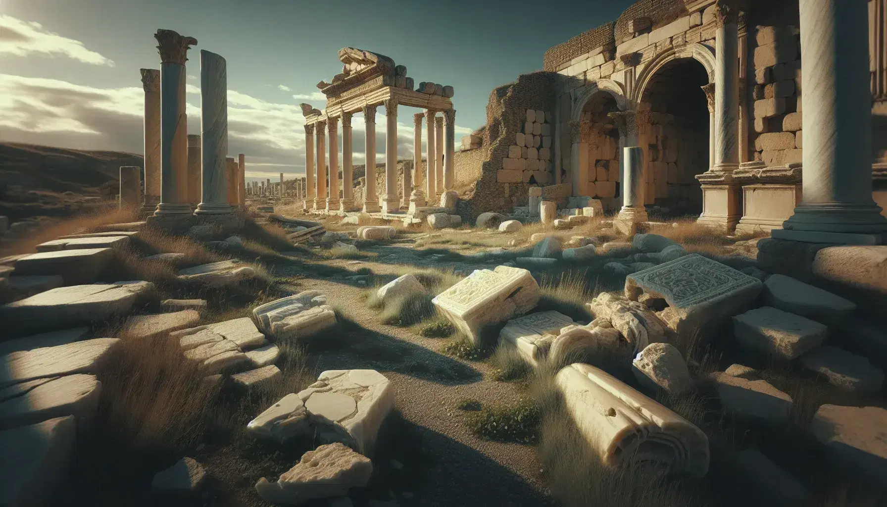 Ruinas romanas con columnas de mármol y arcos antiguos bajo un cielo azul, resaltando la arquitectura histórica y la naturaleza que las rodea.